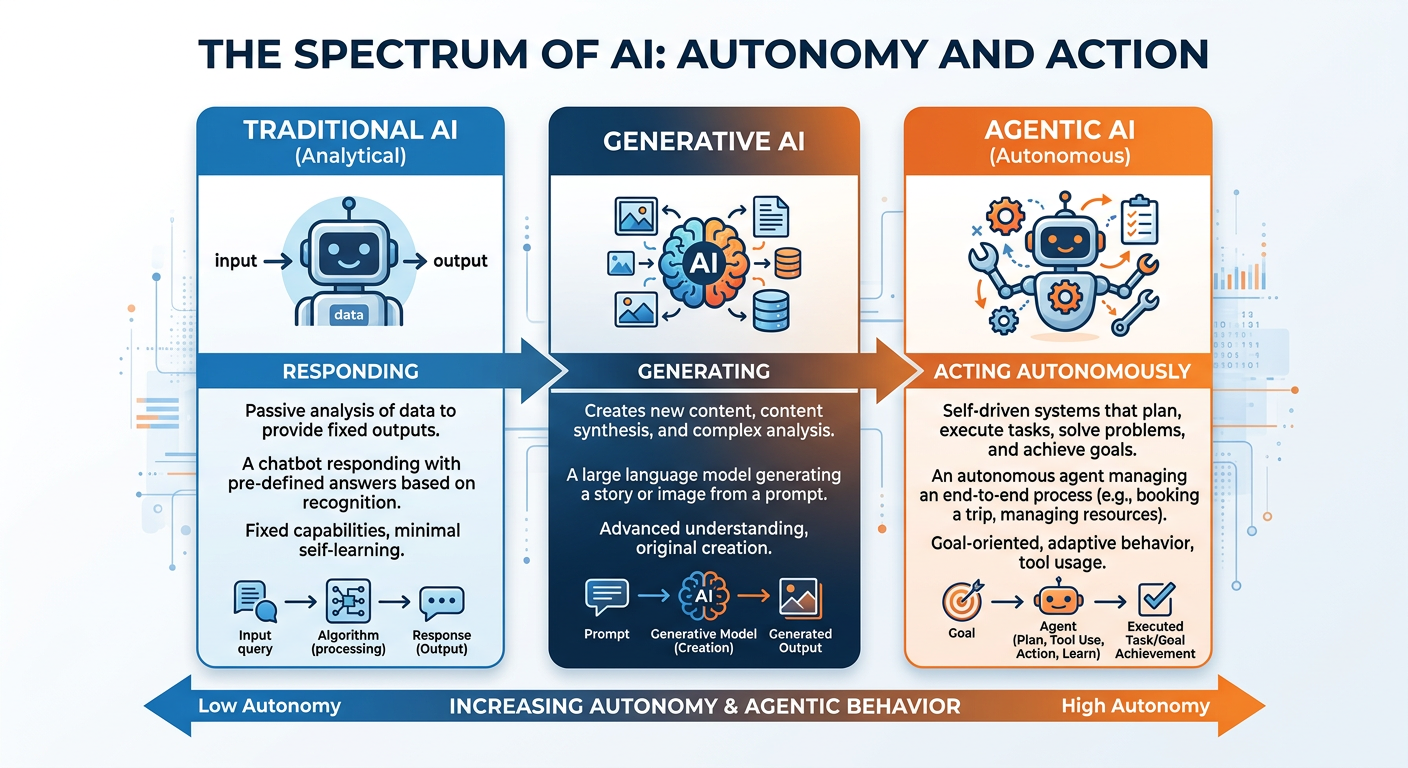 Professional textbook illustration comparing traditional AI tools versus agentic AI systems on a split diagram. Clean modern infographic style. Blue and orange color scheme. Left side shows passive, reactive AI with simple input-output arrows. Right side shows an autonomous agent loop with perception, planning, memory, tool use, and action components in a circular flow.