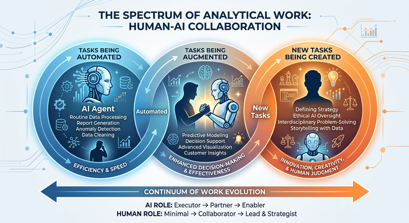 Professional textbook illustration showing the shifting role of business analytics professionals in the agentic AI era. Clean modern infographic style. Blue and orange color scheme. A horizontal timeline arrow shows the transition from Data Manipulation and Report Generation on the left to Agent Architecture, System Design, and Strategic Interpretation on the right, with human figure icons above each stage.
