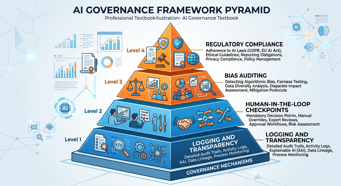 Professional textbook illustration showing a governance framework for agentic AI analytics systems. Clean modern infographic style. Blue and orange color scheme. A layered pyramid with Data Governance at the base, Agent Behavior Monitoring in the middle layer, Human Oversight Checkpoints above that, and Accountability Assignment at the top, with risk icons on the right side.