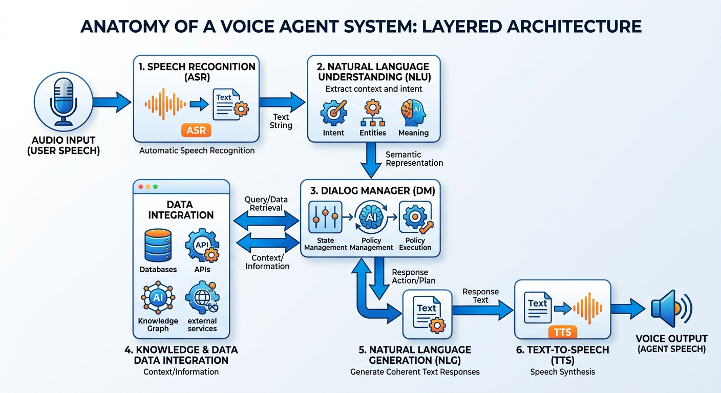 Professional textbook illustration showing a layered taxonomy diagram comparing IVR systems, voice assistants, voice agents, and autonomous AI agents on a spectrum of intelligence and capability. Clean modern infographic style. Blue and orange color scheme with clear labels and arrows indicating increasing complexity from bottom to top.