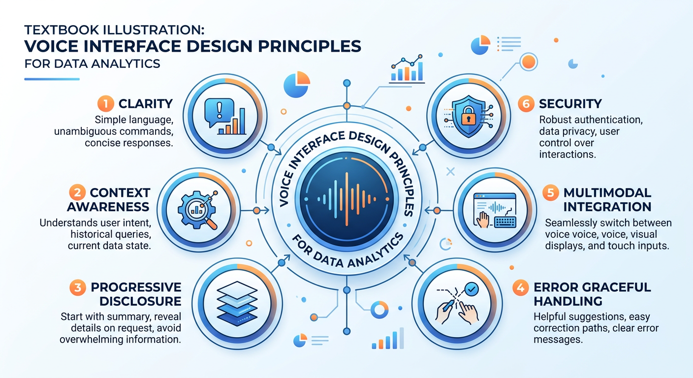 Professional textbook illustration comparing screen-based dashboard design with voice-first analytics design, showing how information architecture must change between modalities. Clean modern infographic style. Blue and orange color scheme with parallel design examples side by side.