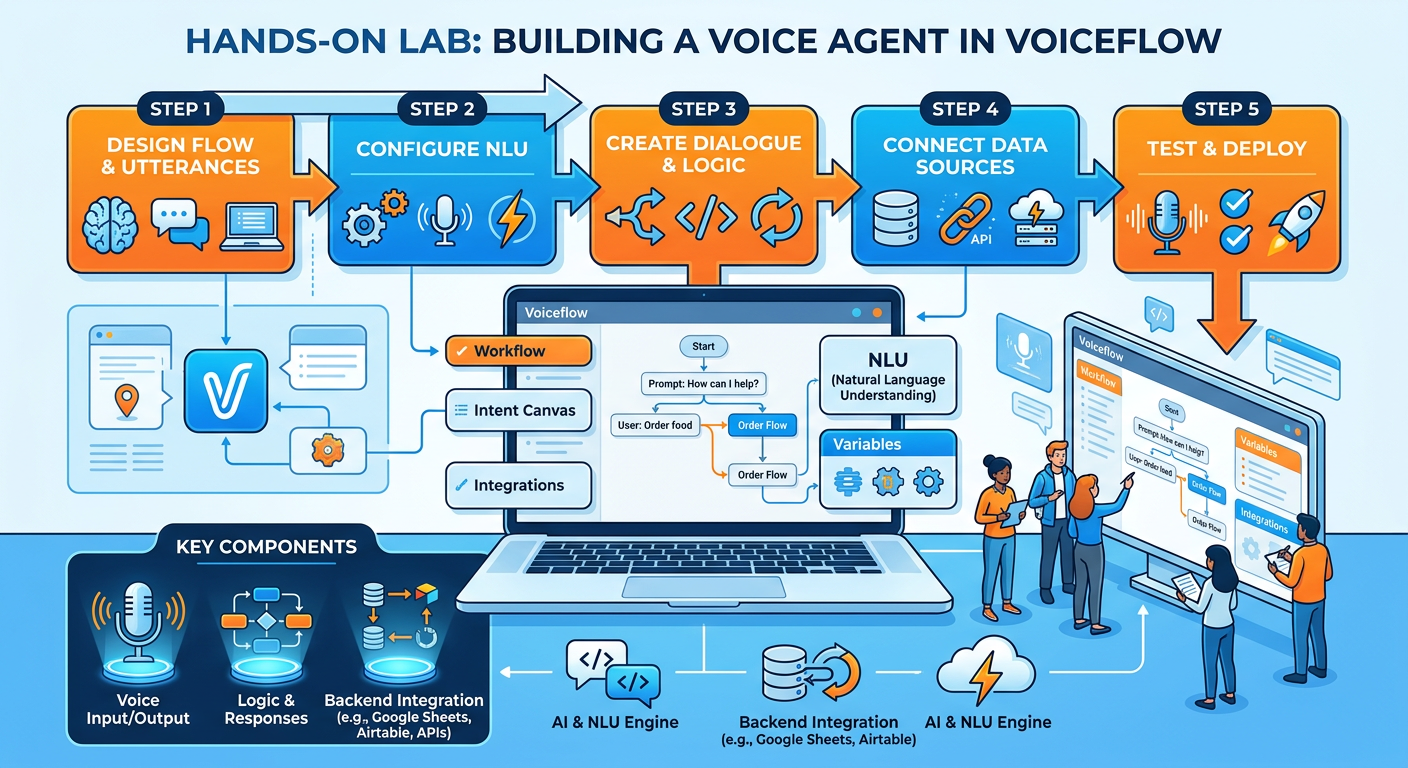 Professional textbook illustration showing a timeline of voice AI evolution from 2015 to 2030, with milestones marked for IVR systems, early voice assistants, LLM-powered agents, autonomous agents, and speculative future capabilities. Clean modern infographic style. Blue and orange color scheme with a horizontal timeline and rising capability curve.
