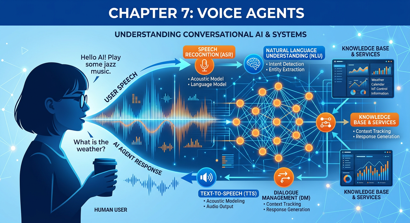 Professional textbook illustration infographic for Chapter 7: Voice Agents. Clean modern infographic style. Blue and orange color scheme. Shows a human speaking to an AI agent with data visualizations, waveforms, and analytics dashboards flowing from the conversation.