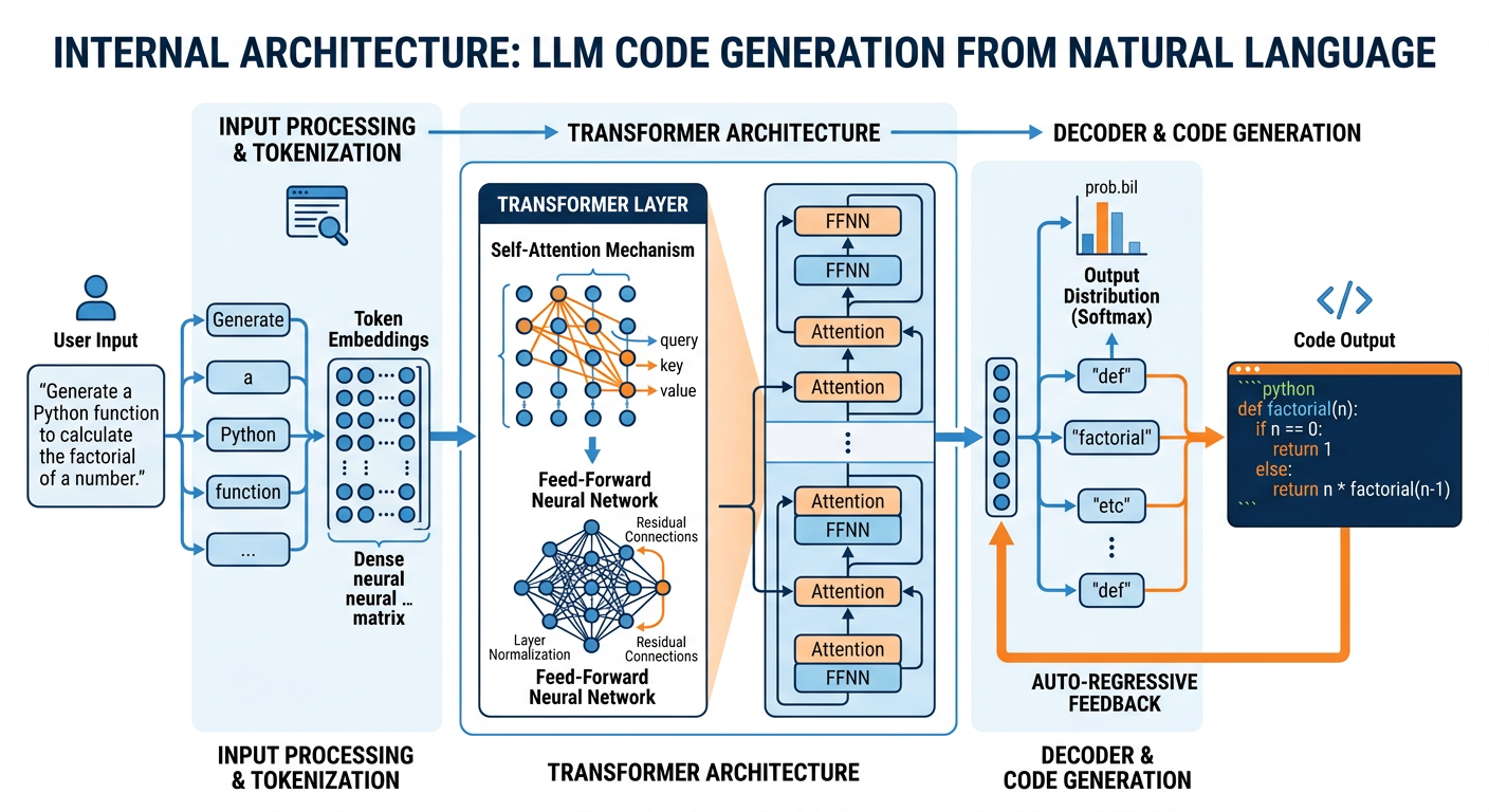 Professional textbook illustration showing how an LLM processes a natural language prompt and generates Python code. The diagram shows tokenization, transformer architecture layers represented as stacked blocks in blue, and output code tokens in orange. Clean modern infographic style. Blue and orange color scheme.