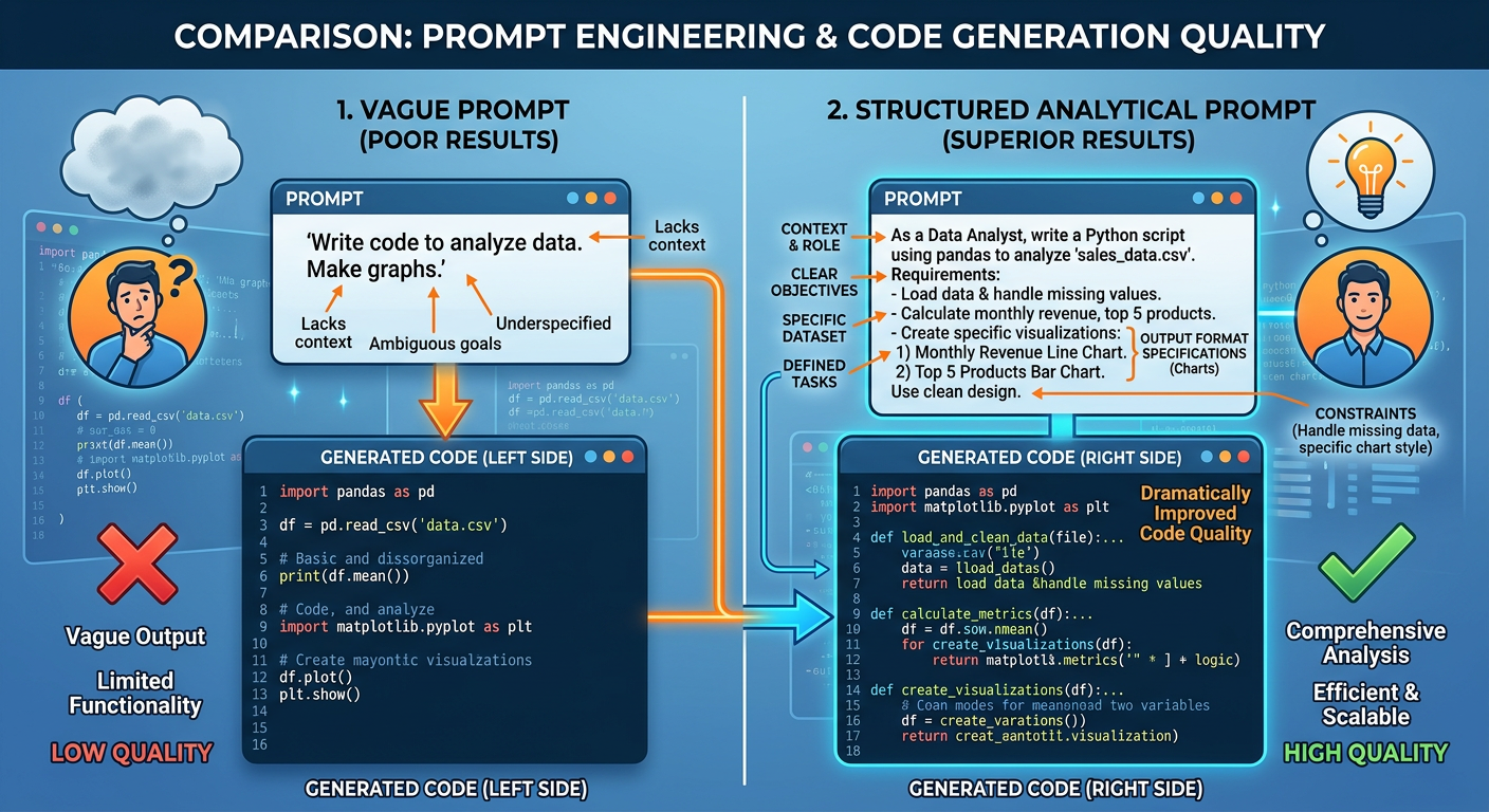 Professional textbook illustration showing five core vibe coding techniques arranged in a circular workflow diagram. The five nodes are labeled Context Setting, Specific Prompting, Iterative Refinement, Error Pasting, and Code Review. Arrows show iterative flow between nodes. Clean modern infographic style. Blue and orange color scheme.