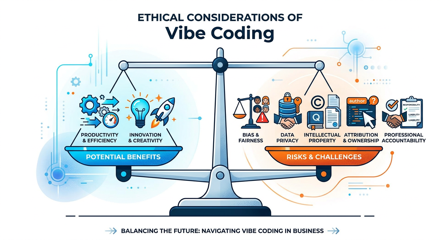 Professional textbook illustration showing a risk assessment matrix for vibe coding with risks plotted on axes of Likelihood and Impact. Key risks shown include Data Leakage, Logical Errors, Over-reliance, Copyright Issues, and Security Vulnerabilities. High-risk items are marked in orange and low-risk in blue. Clean modern infographic style. Blue and orange color scheme.