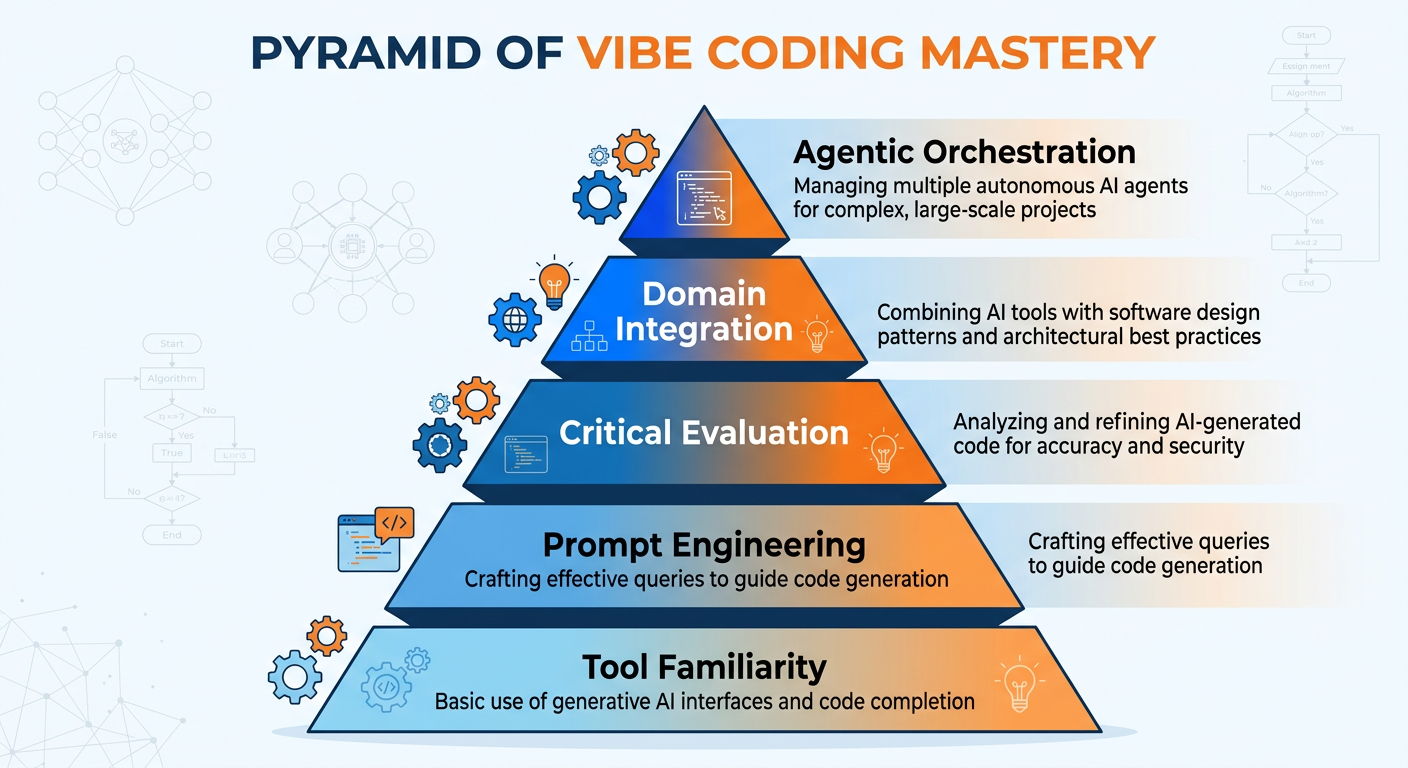 Professional textbook illustration showing a skill development pyramid for vibe coding competency. The base layer is labeled Foundational Analytics Knowledge in blue, the middle layer is Prompt Engineering Skills in medium blue, and the top layer is Critical AI Evaluation in orange. Arrows on the sides show upward progression. Clean modern infographic style. Blue and orange color scheme.