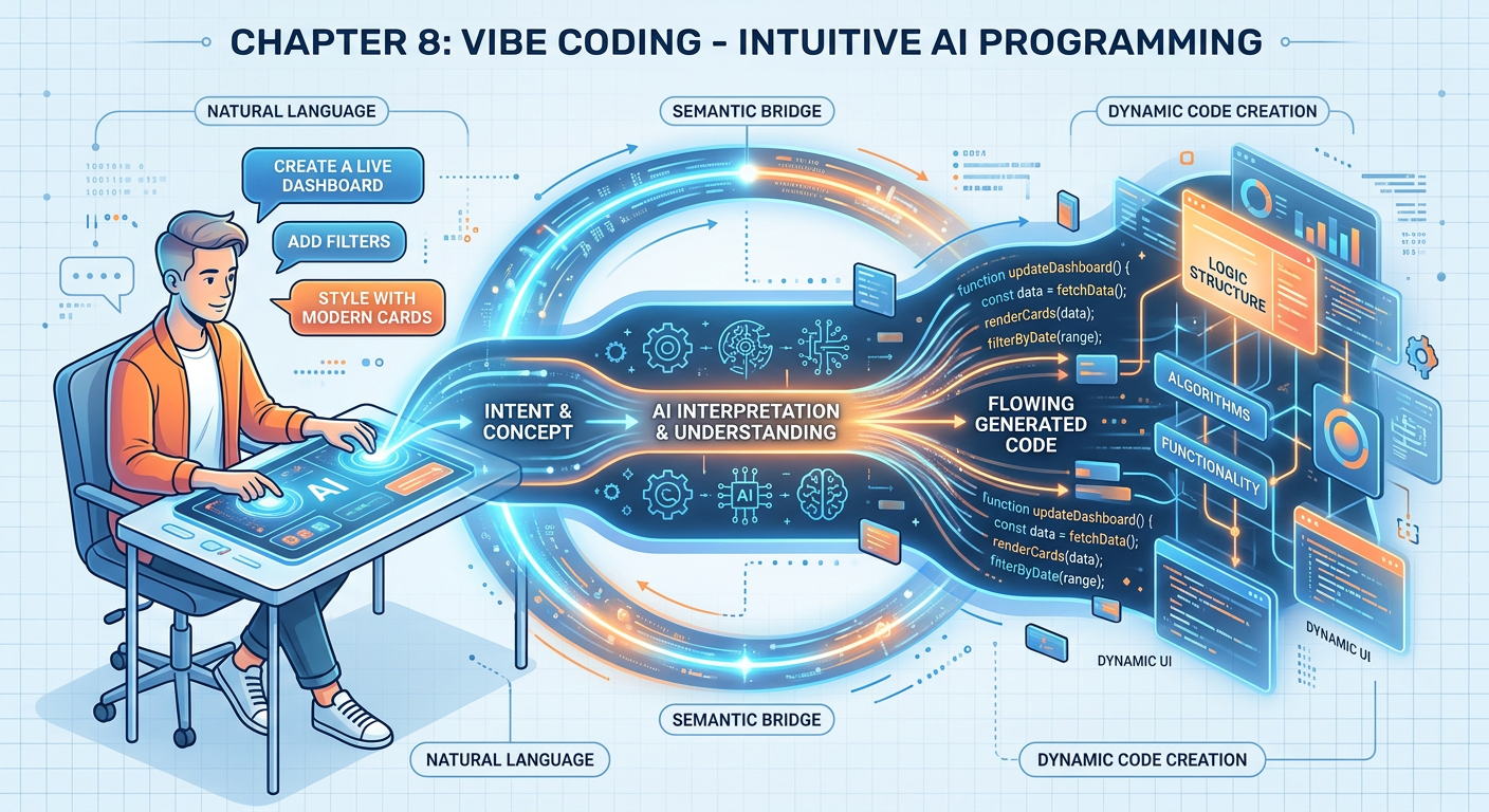 Professional textbook illustration infographic for Chapter 8: Vibe Coding. Clean modern infographic style. Blue and orange color scheme. Shows a human speaking natural language that transforms into code, with LLM neural network in the center, surrounded by business analytics icons, dashboards, and Python code snippets flowing outward.