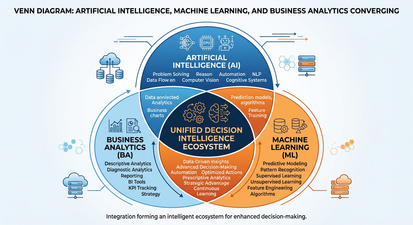 Professional textbook illustration of an AI-native analytics organization. Clean modern infographic style. Blue and orange color scheme. Layered diagram showing how AI agents, human analysts, data engineers, and business stakeholders interact in a continuous feedback loop around a central data platform.