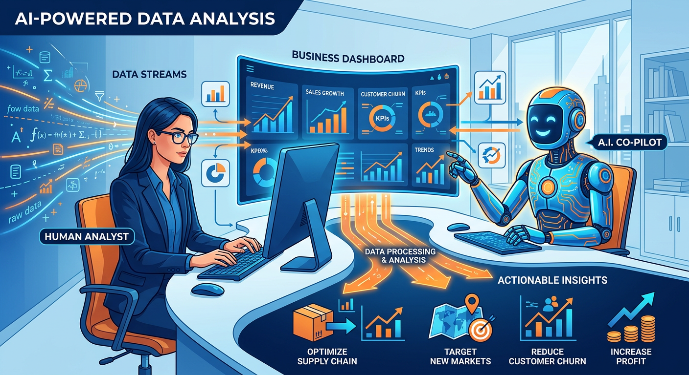 Professional textbook illustration of augmented analytics and natural language interfaces. Clean modern infographic style. Blue and orange color scheme. Shows a conversational interface at the top feeding into automated insight generation, anomaly detection, and narrative explanation layers beneath it.