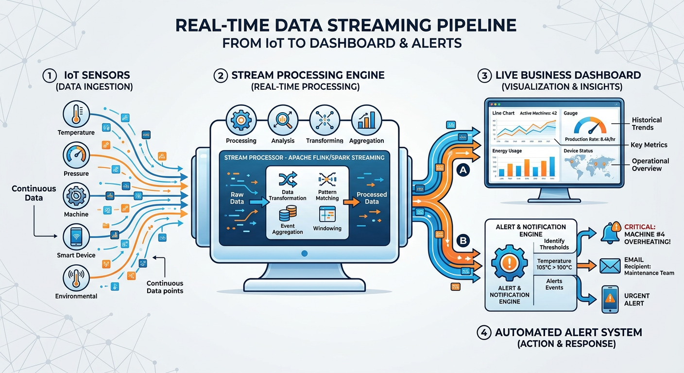 Professional textbook illustration of real-time and streaming analytics architecture. Clean modern infographic style. Blue and orange color scheme. Pipeline diagram showing IoT sensors and event sources on the left feeding into Apache Kafka, stream processing engines, and real-time dashboards on the right.