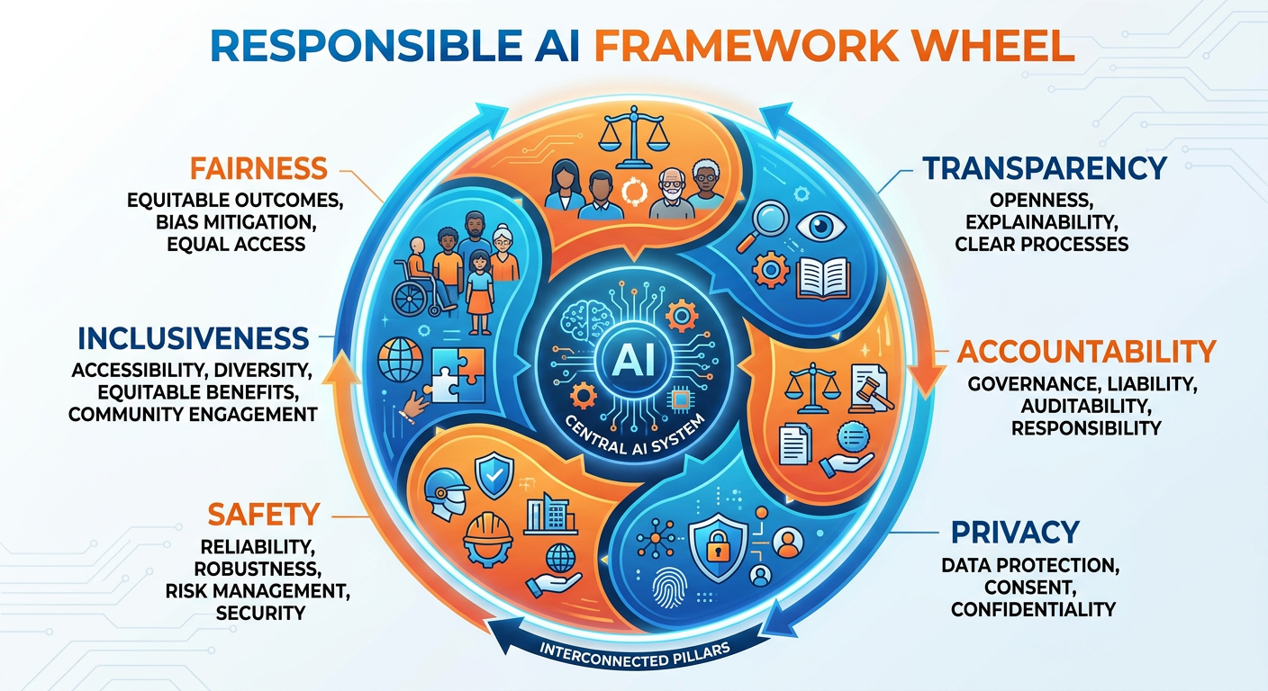 Professional textbook illustration of responsible AI and ethical analytics framework. Clean modern infographic style. Blue and orange color scheme. Circular diagram with fairness, accountability, transparency, and privacy as the four quadrants surrounding a central core labeled Trustworthy AI.