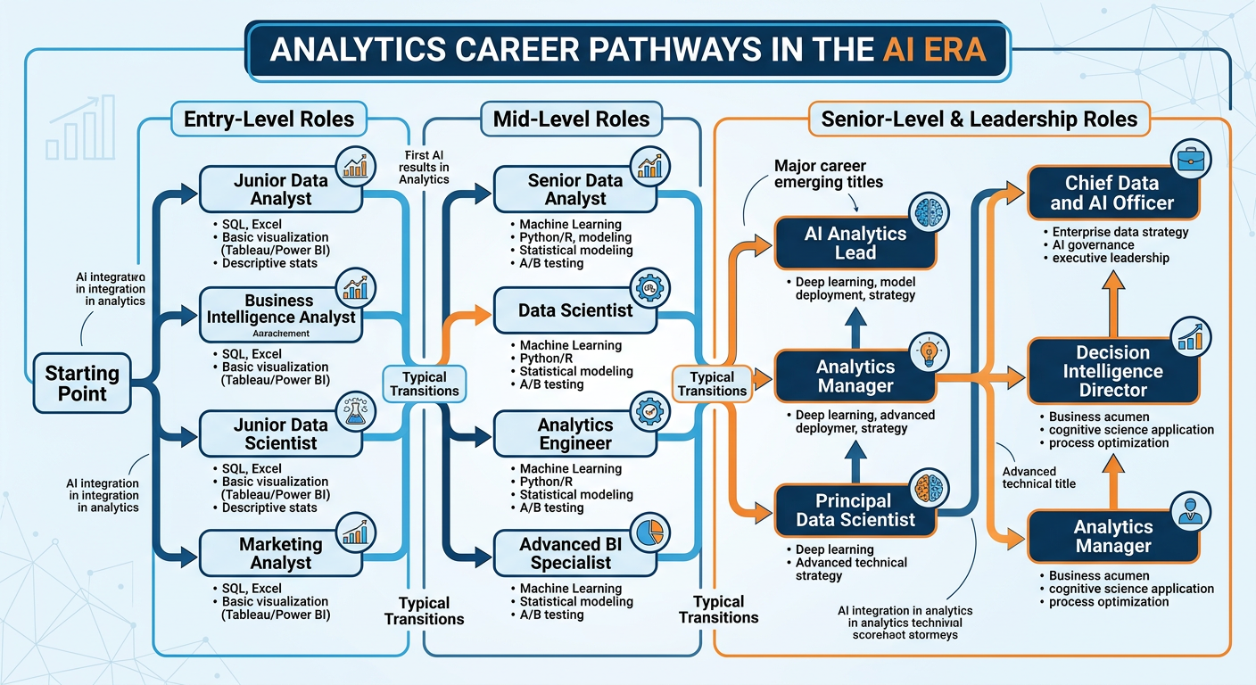 Professional textbook illustration of analytics career pathways in the AI era. Clean modern infographic style. Blue and orange color scheme. Branching career pathway diagram showing entry-level, mid-level, and senior-level analytics roles with skill requirements, typical transitions, and emerging job titles like AI Analytics Lead, Decision Intelligence Director, and Chief Data and AI Officer.