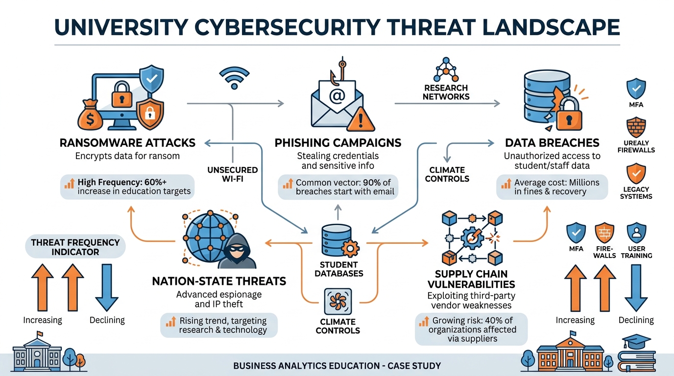 Visual diagram of cybersecurity threat landscape for universities showing ransomware, phishing, data breaches, nation-state threats, and supply chain attacks with statistics on incident frequency and cost