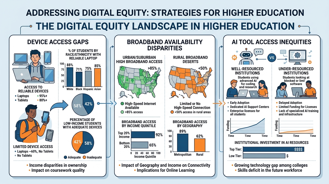 Infographic showing digital equity gaps in higher education including device access statistics, broadband availability by demographic, and disparities in AI tool access between well-resourced and under-resourced institutions