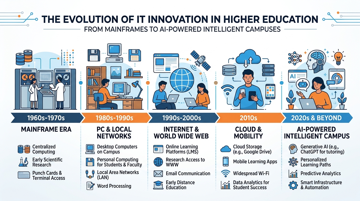 Illustrated explainer infographic summarizing the evolution of IT innovation in higher education from mainframes to AI-powered intelligent campuses