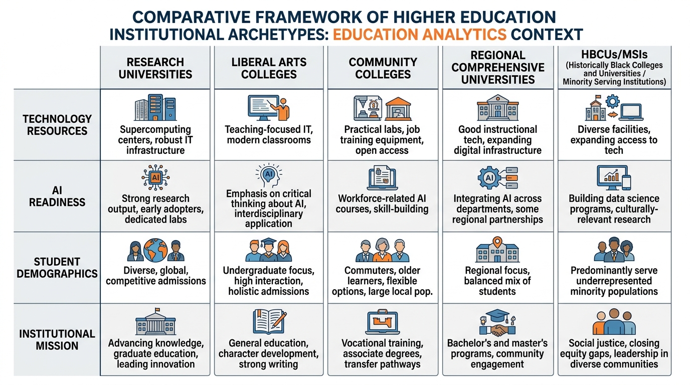 Comparison matrix showing technology capacity, resources, mission, and AI readiness across five higher education institutional archetypes - research universities, liberal arts colleges, community colleges, regional comprehensives, and HBCUs/MSIs