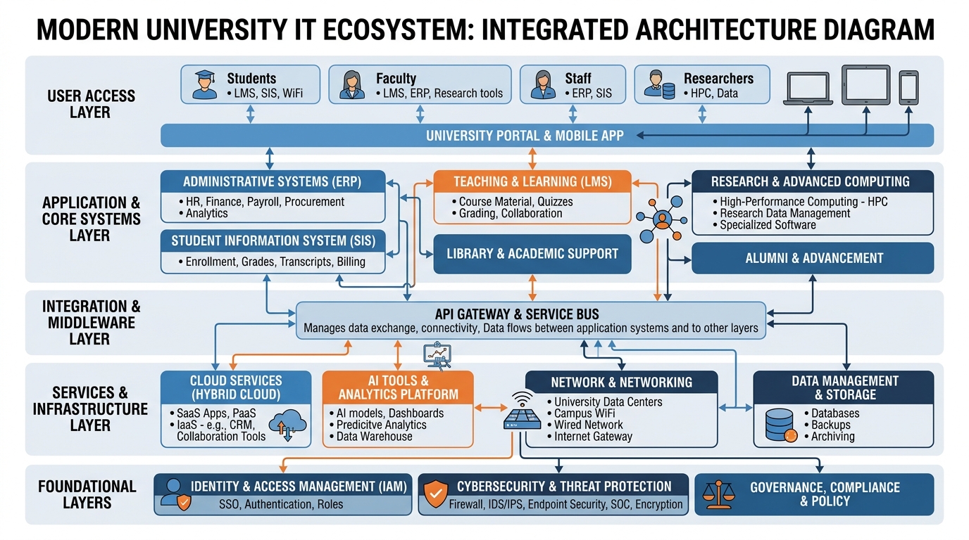 Diagram of the modern university IT ecosystem showing interconnected layers including ERP systems, LMS, cloud services, research computing, cybersecurity, student information systems, and AI tools