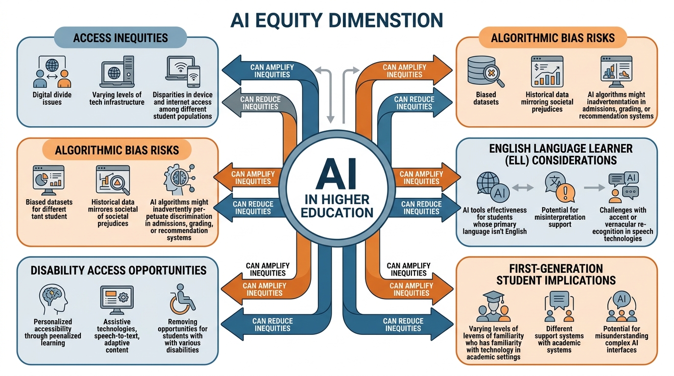 Framework diagram showing AI equity dimensions in higher education including access inequities, algorithmic bias risks, English language learner considerations, disability access opportunities, and first-generation student implications