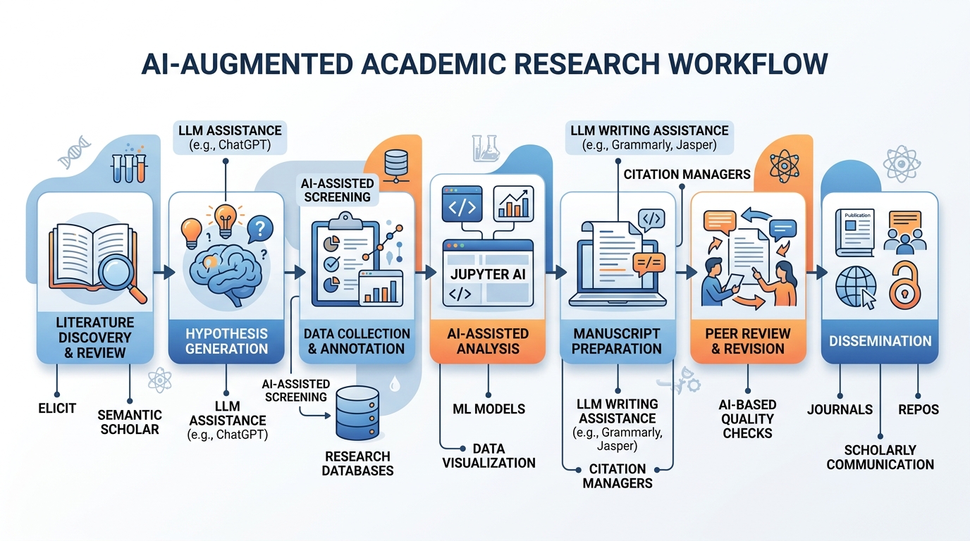 Flowchart diagram showing the AI-augmented academic research workflow including literature discovery, hypothesis generation, data collection, analysis, writing, peer review, and dissemination with AI tools mapped to each stage