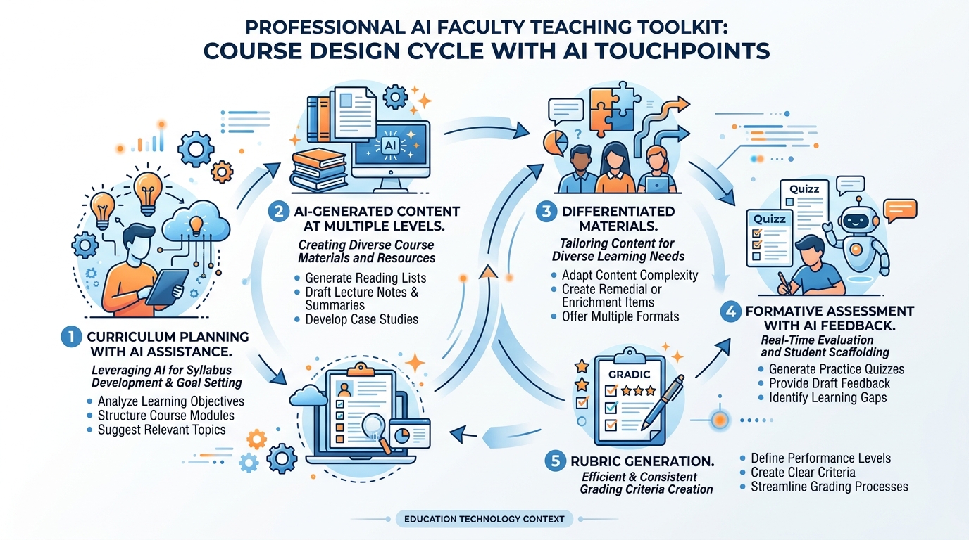 Visual toolkit showing how faculty can use generative AI across the course design cycle including curriculum planning, content creation, differentiated materials, formative assessment, and feedback generation