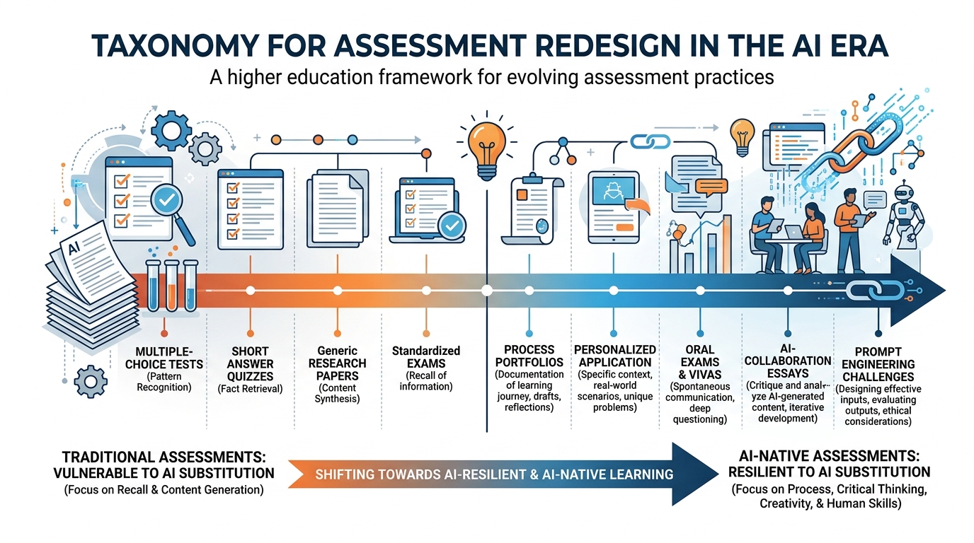 Taxonomy infographic of AI-resistant and AI-leveraging assessment designs in higher education, showing a spectrum from traditional assessments vulnerable to AI substitution to AI-native assessments that incorporate AI as part of the learning process