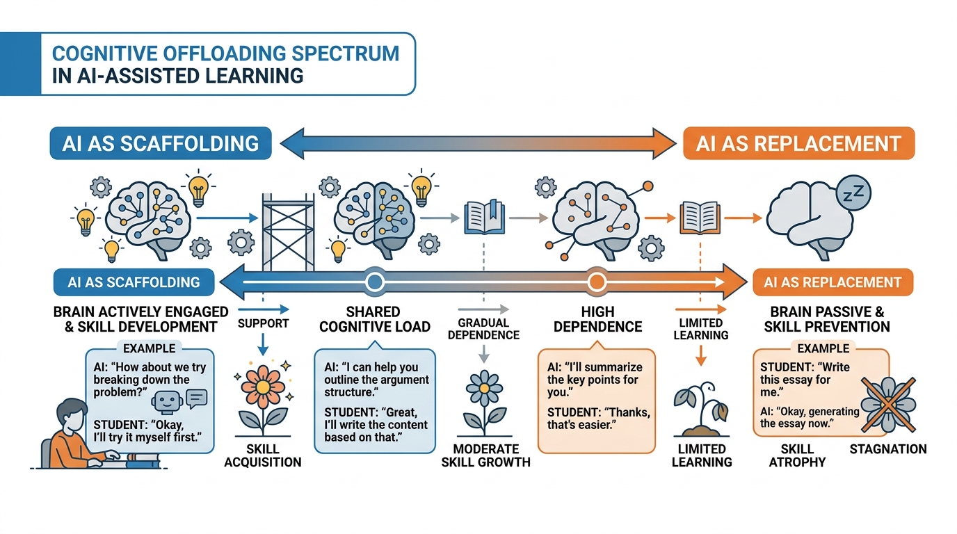 Diagram illustrating the cognitive offloading spectrum in AI-assisted learning, showing the continuum from AI as scaffolding that supports skill development to AI as replacement that prevents skill development, with examples of each