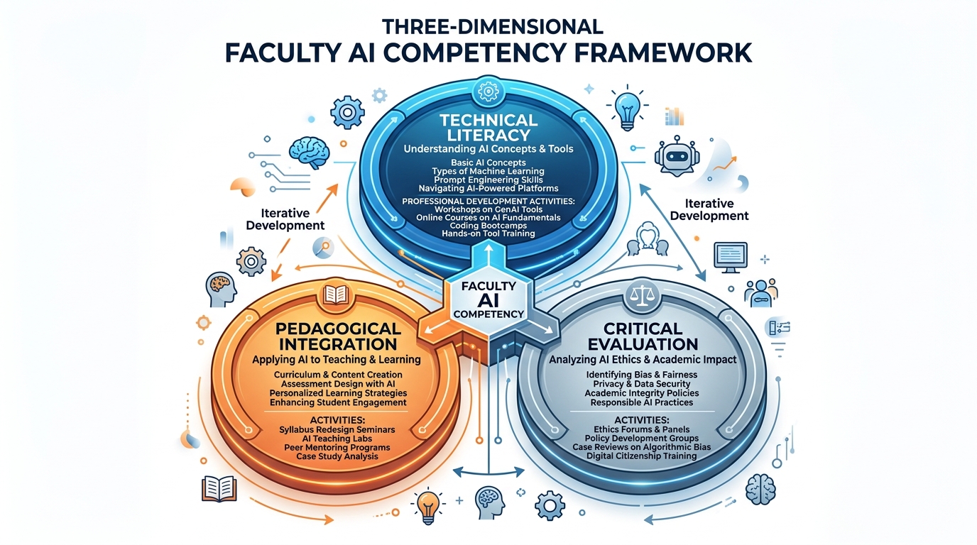 Three-dimensional faculty AI competency framework showing technical literacy, pedagogical integration, and critical evaluation dimensions with specific competencies and development activities for each dimension