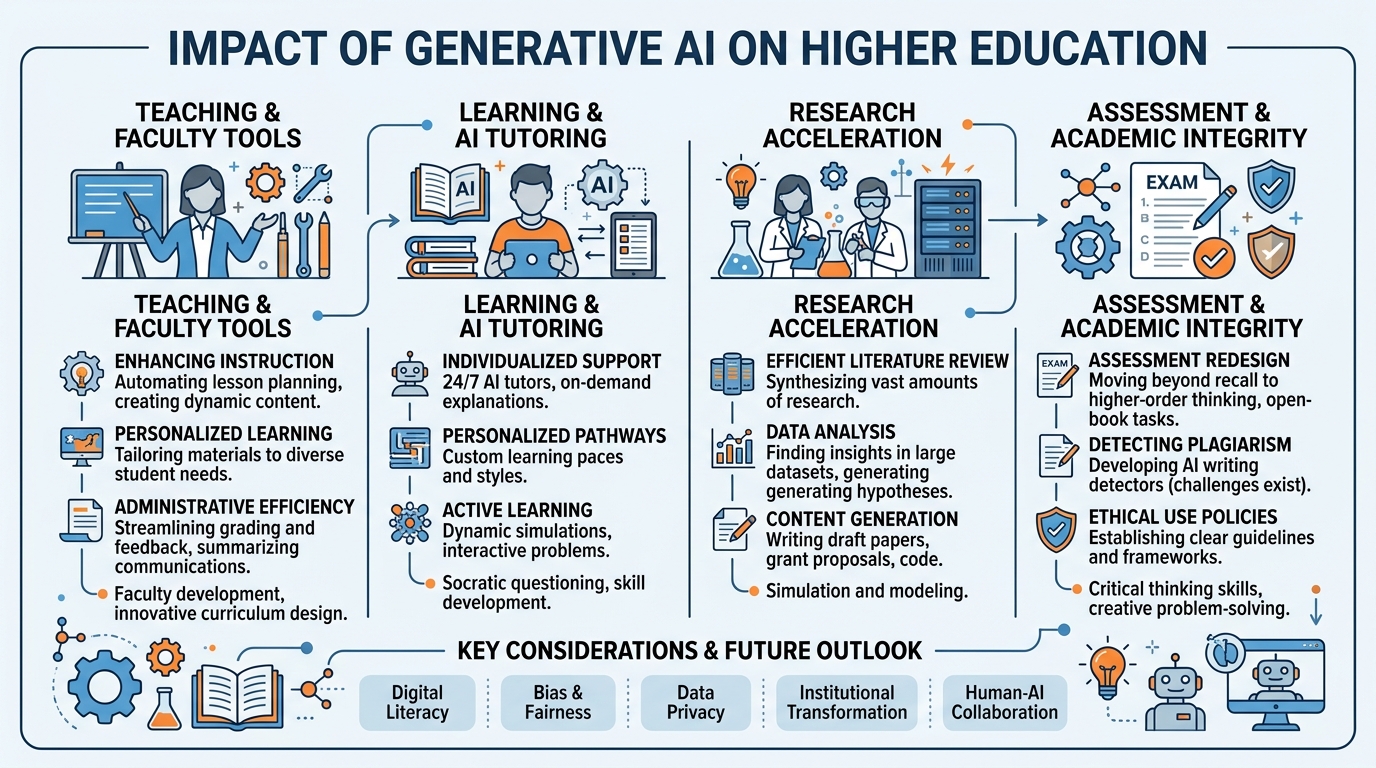 Illustrated explainer infographic summarizing the impact of generative AI on teaching, learning, and research in higher education with key application domains, challenge areas, and framework for responsible adoption