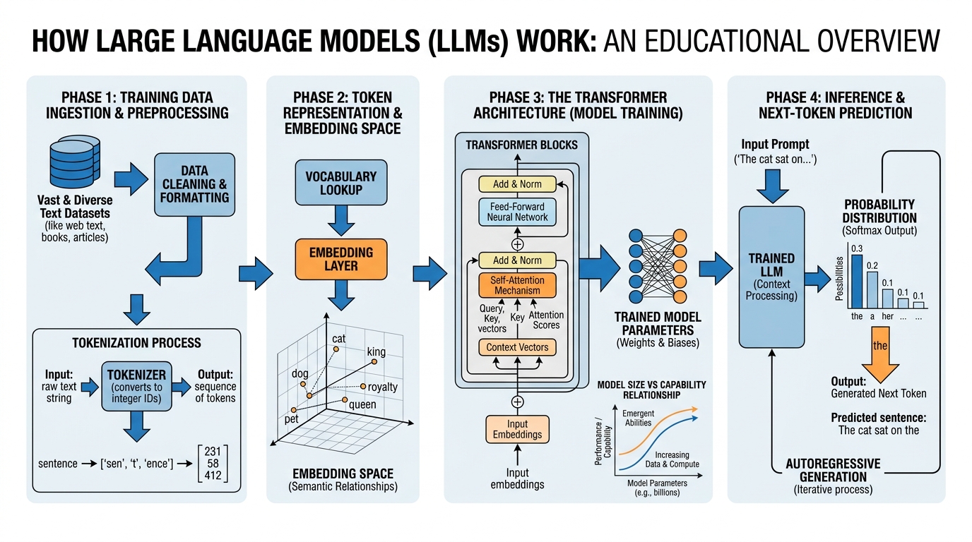 Educational diagram explaining how large language models work including training data, transformer architecture, tokenization, next-token prediction, and the relationship between model size and capability