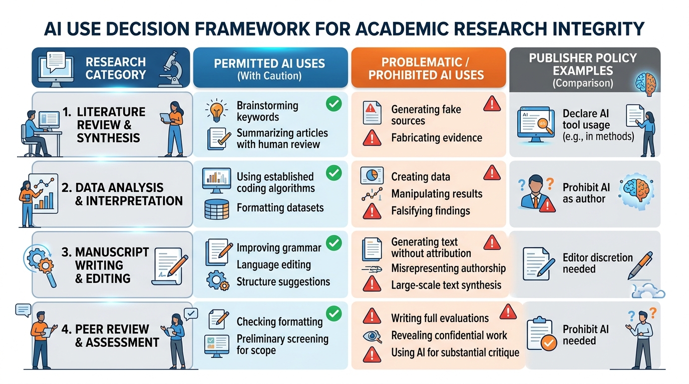 Decision framework diagram for AI use in academic research showing permitted versus problematic uses across literature review, data analysis, manuscript writing, and peer review, with publisher policy comparison