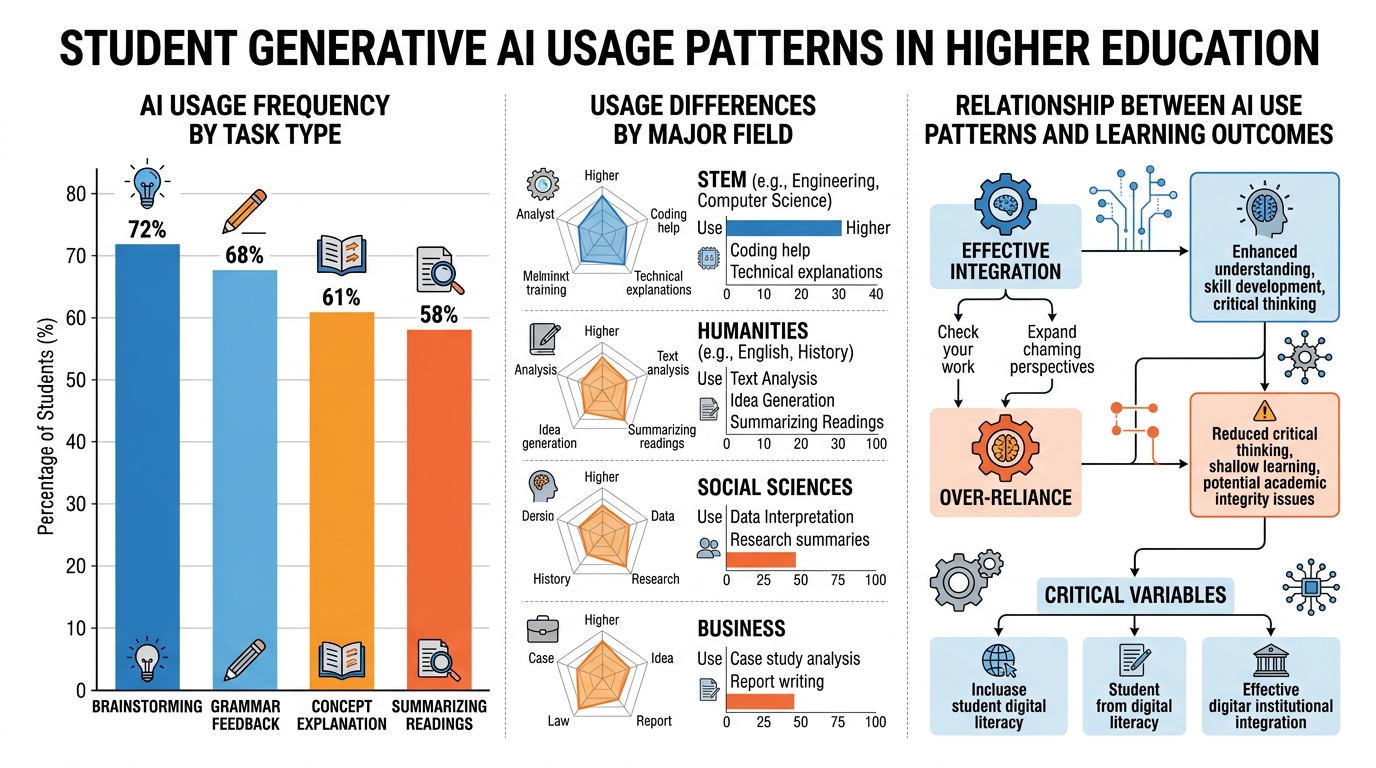 Infographic showing research data on student generative AI usage patterns in higher education, including frequency of use by task type, differences in usage by major, and relationship between AI use patterns and learning outcomes