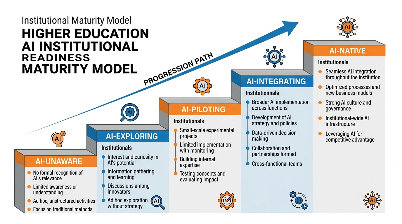 Maturity model diagram for AI-ready higher education institutions showing five levels from AI-unaware through AI-exploring, AI-piloting, AI-integrating, to AI-native, with institutional characteristics and readiness indicators for each level