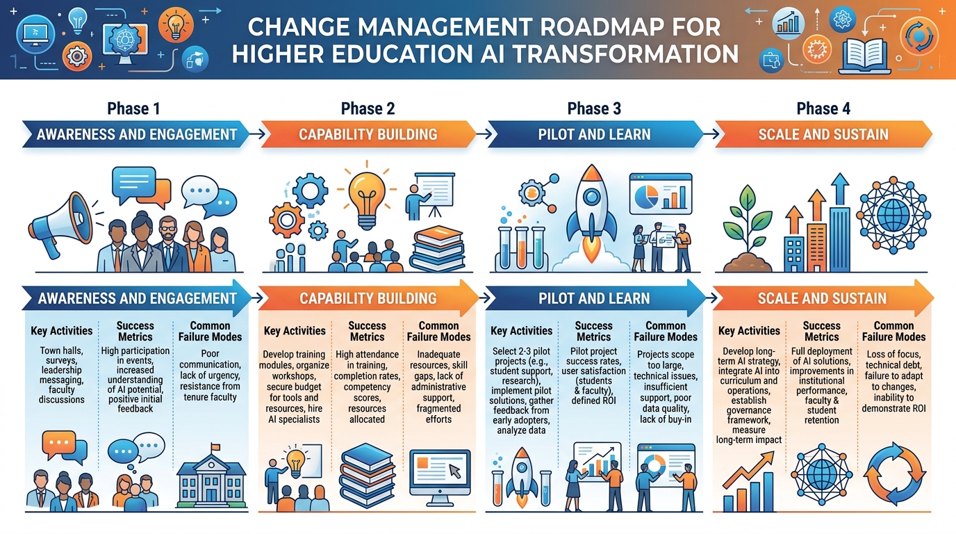 Change management roadmap for higher education AI transformation showing four phases: awareness and engagement, capability building, pilot and learn, and scale and sustain, with key activities, success metrics, and common failure modes for each phase