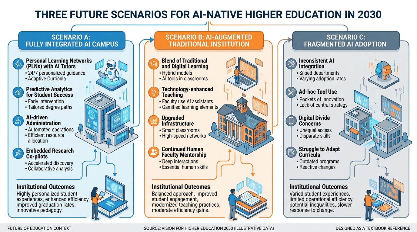 Three future scenarios for AI-native higher education institutions in 2030 showing Scenario A fully integrated AI campus, Scenario B AI-augmented traditional university, and Scenario C fragmented AI adoption, with different trajectories and institutional characteristics for each