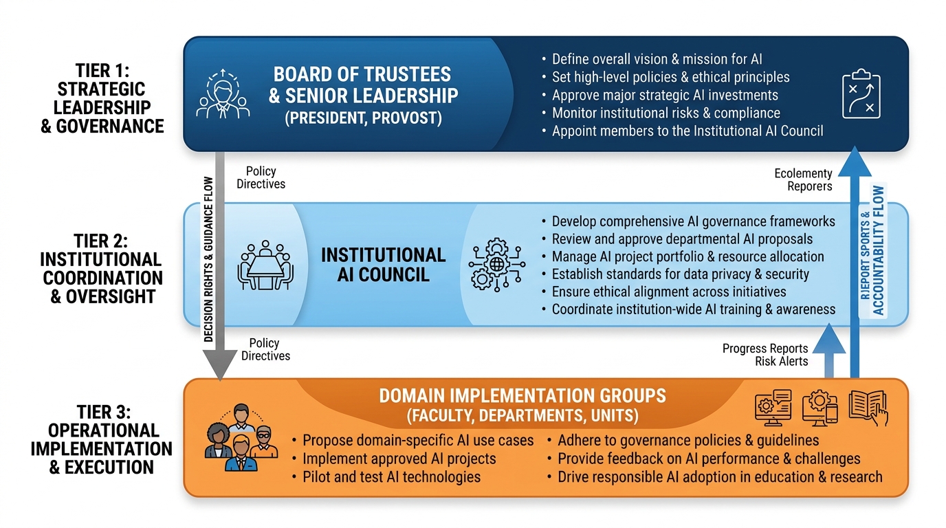 Three-tier AI governance architecture diagram for higher education showing board and senior leadership at the top, institutional AI council in the middle, and operational implementation groups at the bottom, with decision rights and accountability flows
