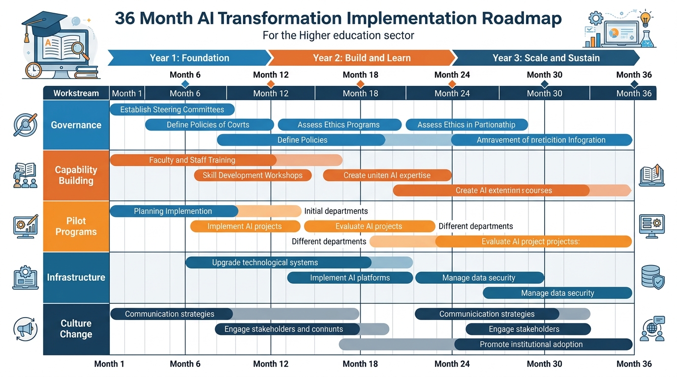Implementation roadmap showing a 36-month phased plan for strategic AI transformation in higher education with color-coded workstreams for governance, capability building, pilot programs, infrastructure, and culture change and key milestones