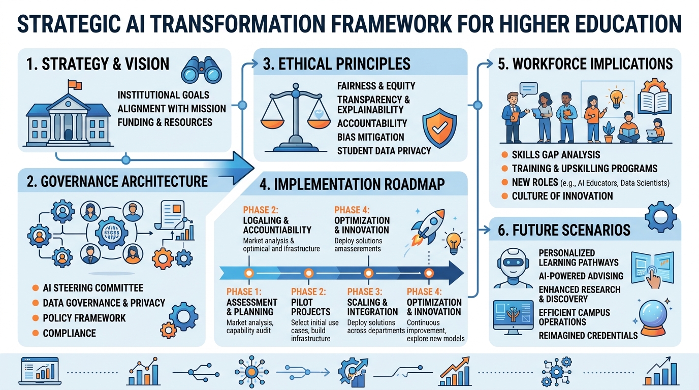 Illustrated explainer infographic summarizing the strategic AI transformation framework for higher education institutions covering governance architecture, ethical principles, implementation roadmap, workforce implications, and future scenarios