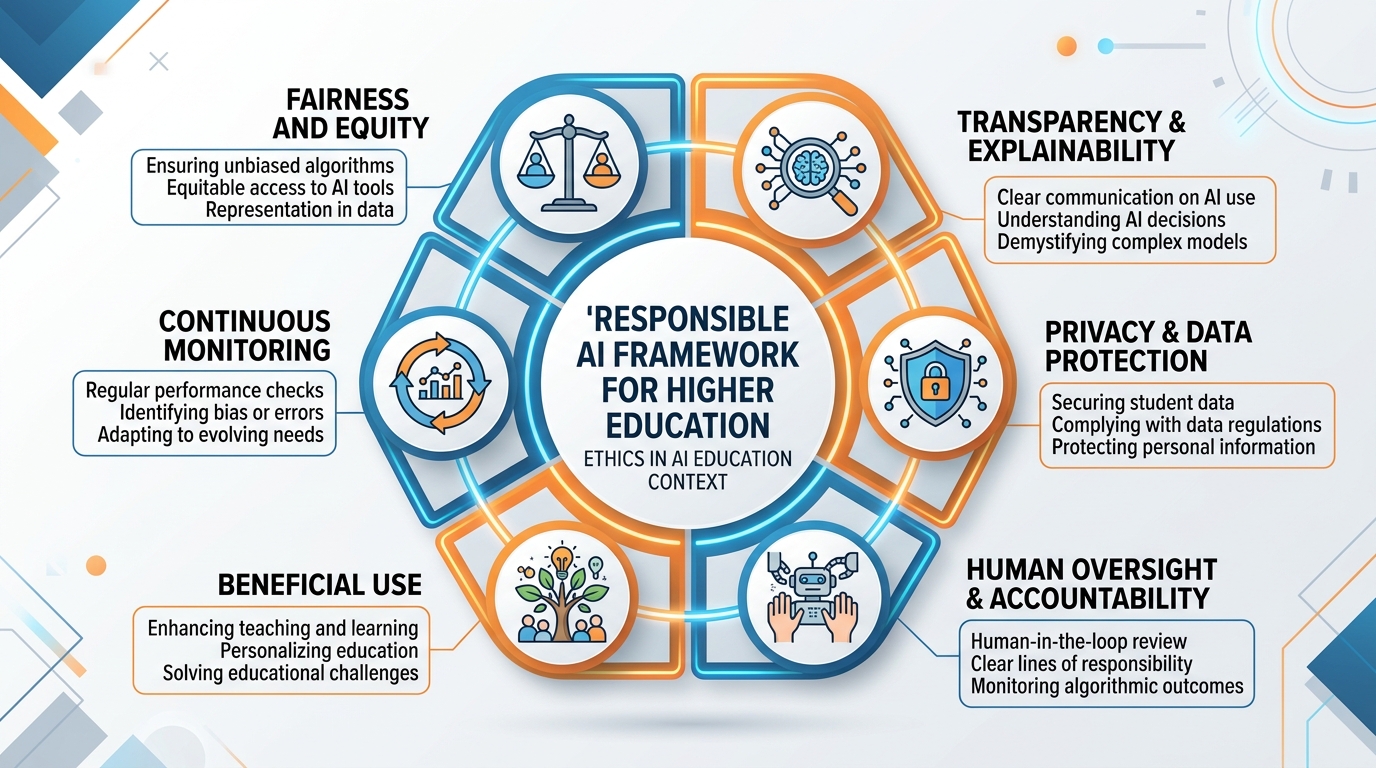 Responsible AI principles framework for higher education showing six core principles: fairness and equity, transparency and explainability, privacy and data protection, human oversight and accountability, beneficial use aligned with mission, and continuous monitoring and improvement with examples of each