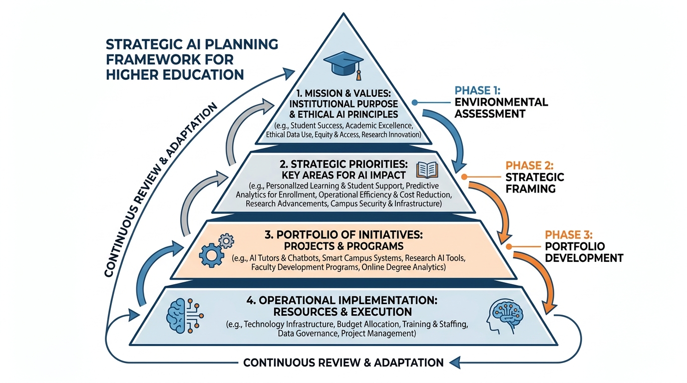Strategic AI planning framework for higher education showing four layers from mission and values at the top through strategic priorities, portfolio of initiatives, and operational implementation with feedback loops between layers