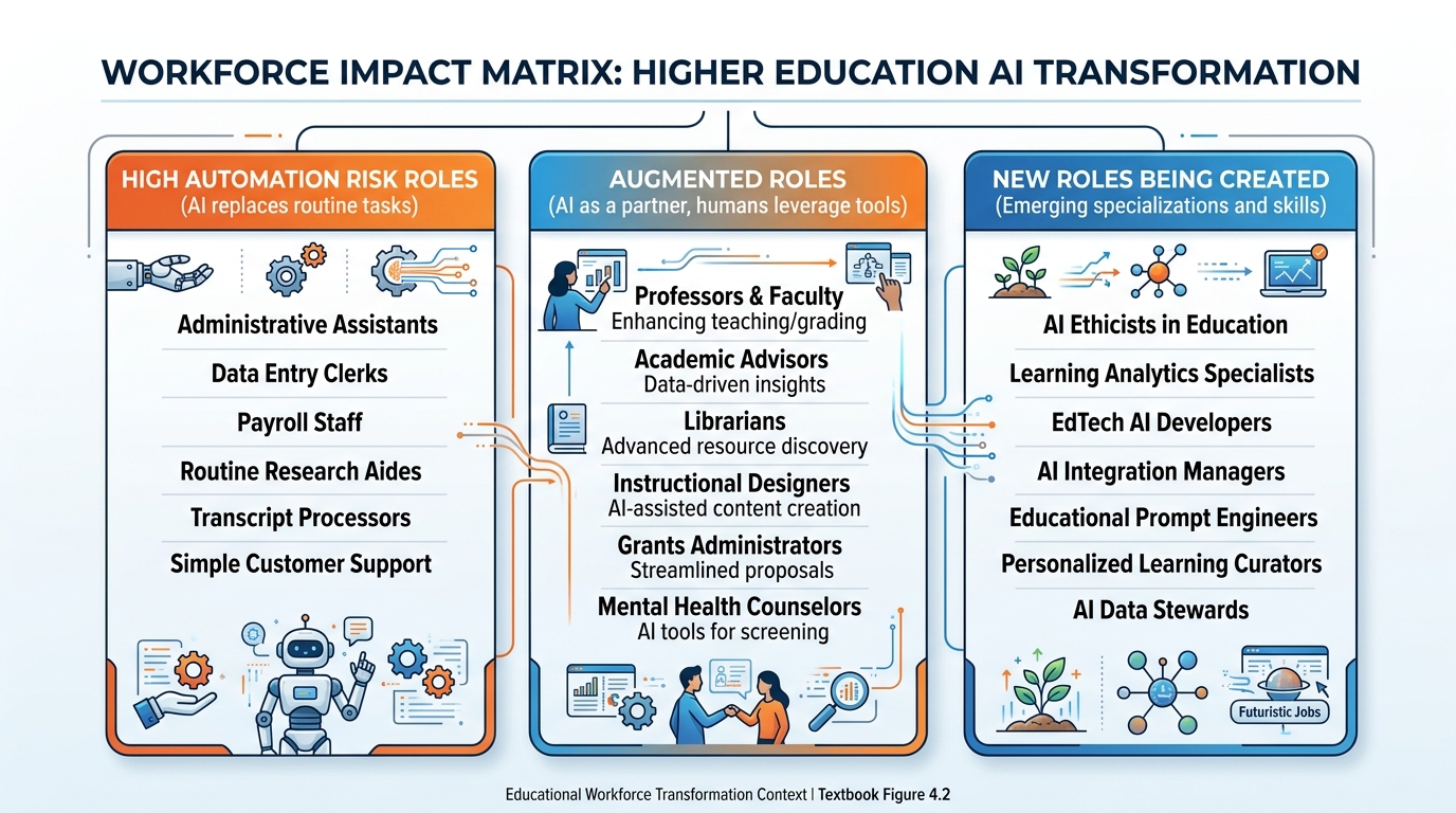 Workforce impact matrix for higher education AI transformation showing job categories by automation risk level and transformation type with columns for roles most at risk, roles being augmented, and new roles being created