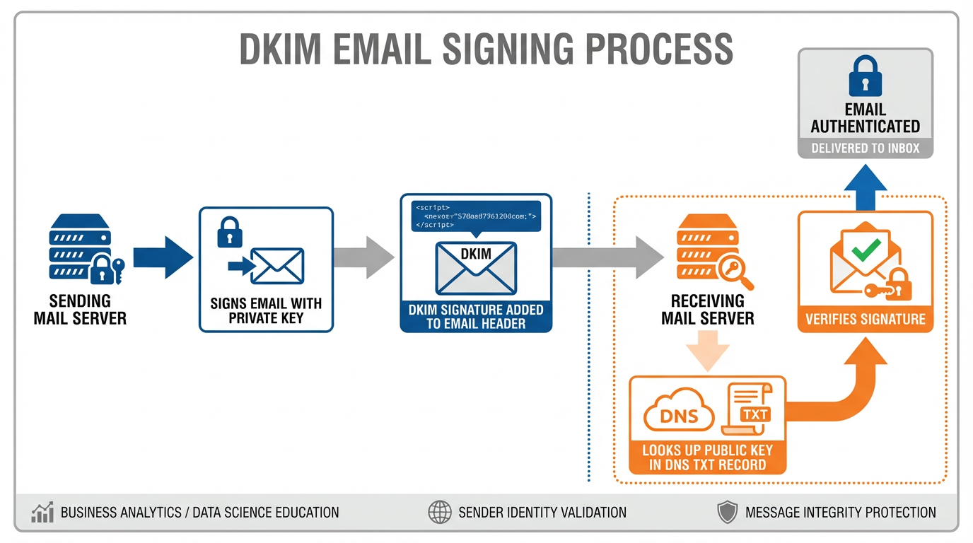 DKIM signing process showing private key signing on sending server and public key verification on receiving server