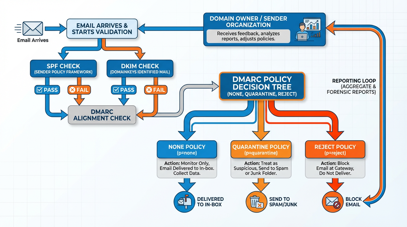 DMARC policy flowchart showing pass/fail decisions and policy enforcement options