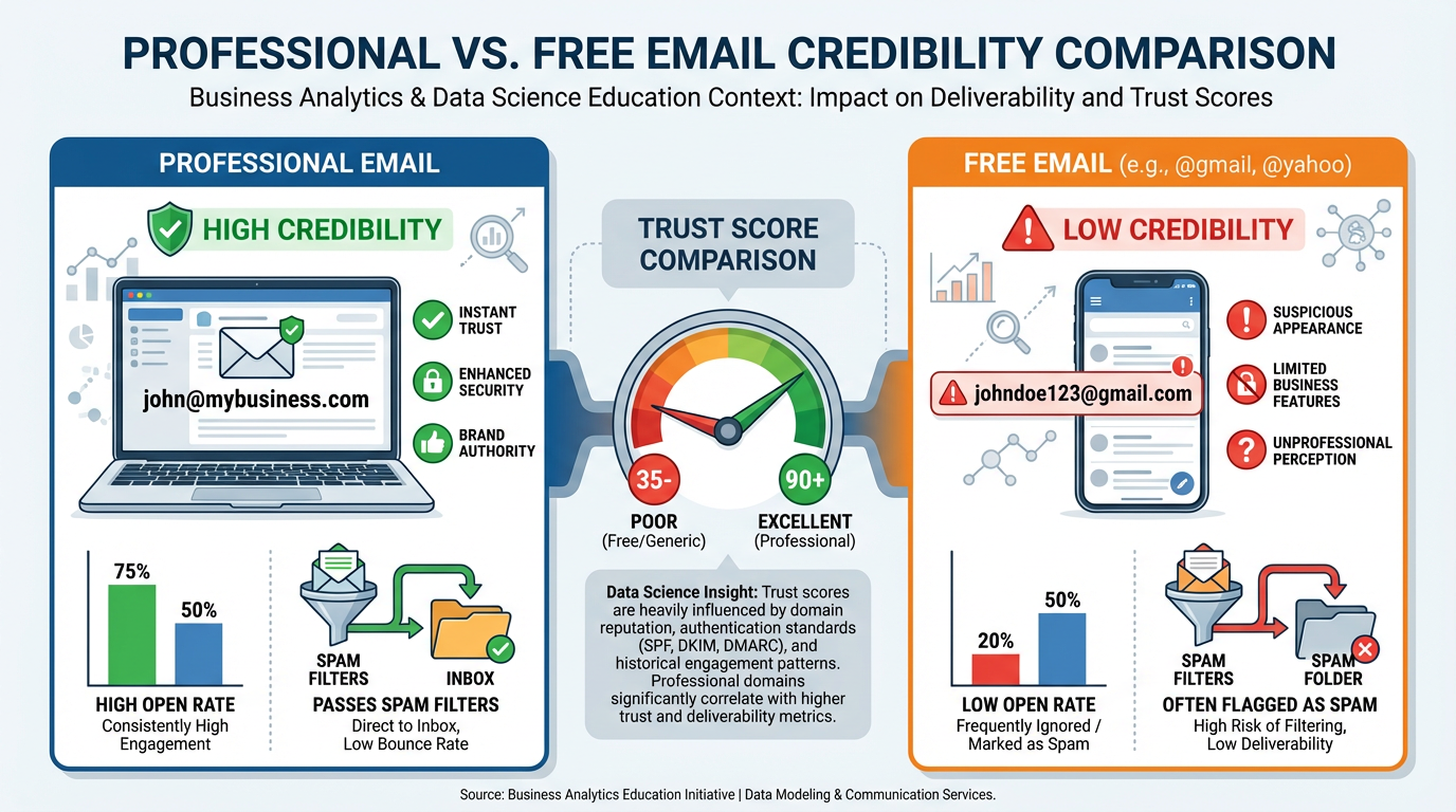 Side-by-side comparison of professional domain email versus free Gmail showing trust indicators and deliverability differences