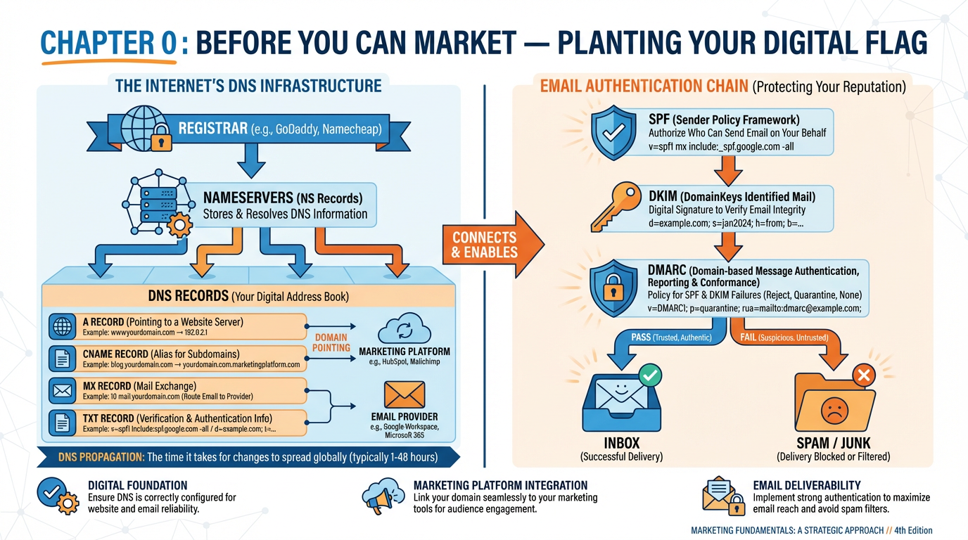 Comprehensive DNS and email authentication infographic showing the layers from registrar to DNS records to inbox delivery