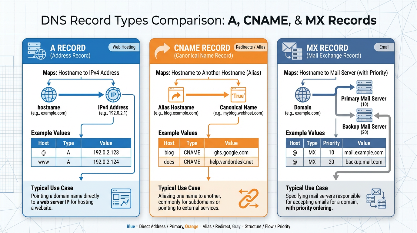 Visual comparison of DNS record types - A Record, CNAME, and MX Record showing their function, format, and use cases