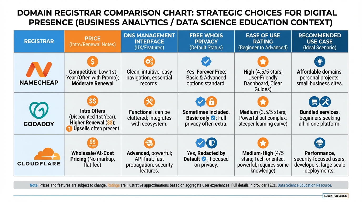 Comparison of domain registrars Namecheap, GoDaddy, and Cloudflare showing price, features, and recommended use cases