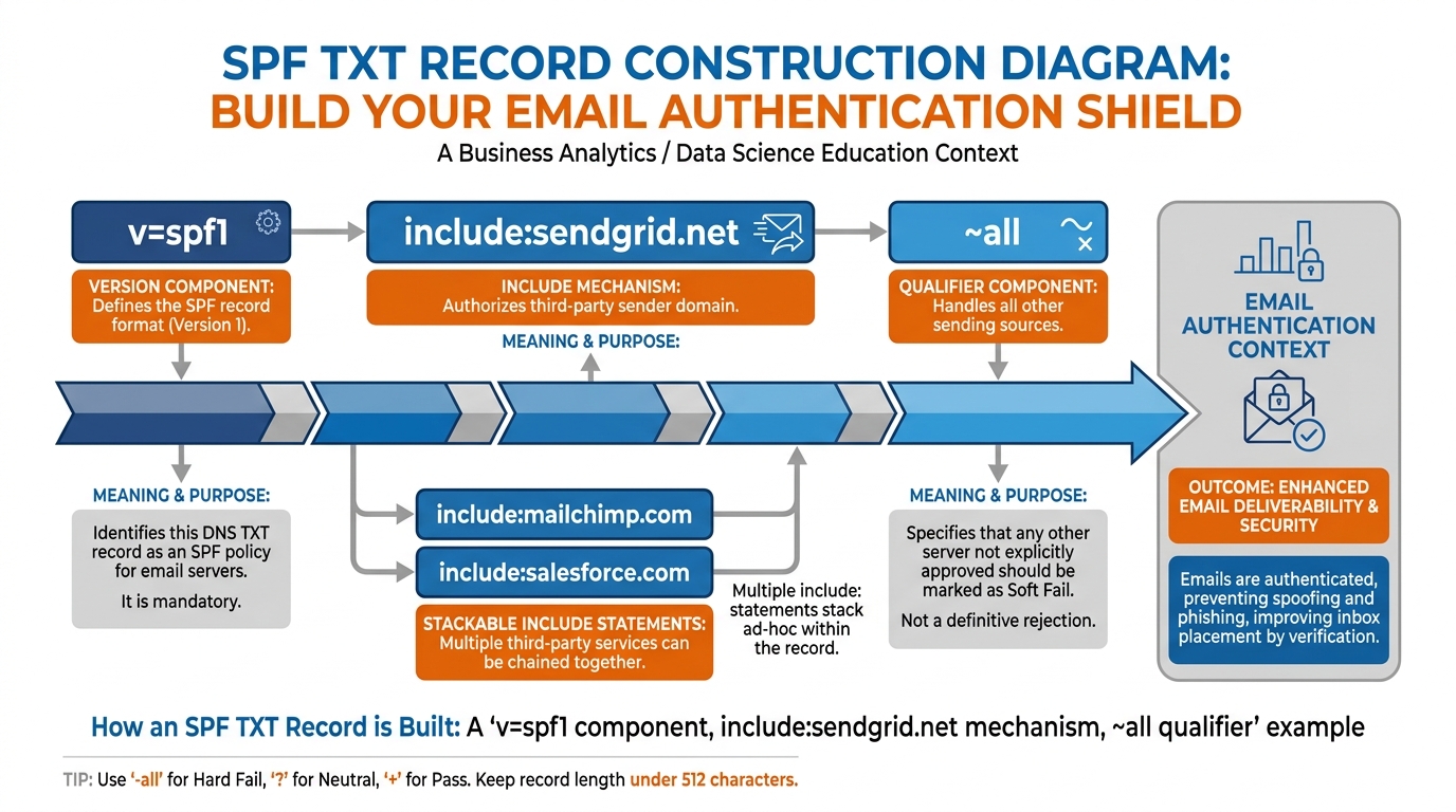 SPF record construction diagram showing each component of an SPF TXT record