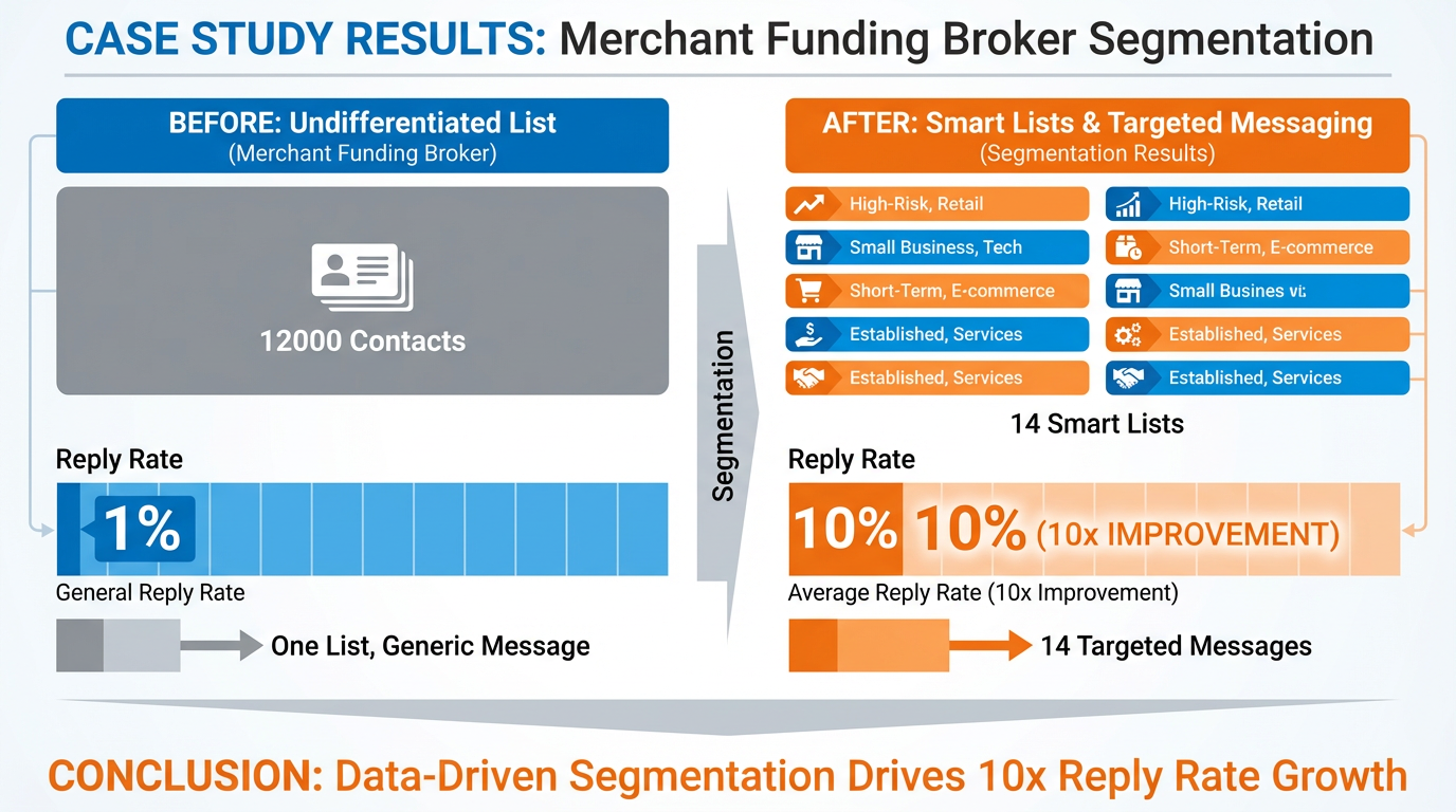 Case study results infographic showing before and after comparison with 12,000 contacts segmented from one list into 14 Smart Lists achieving 10x improvement in reply rates