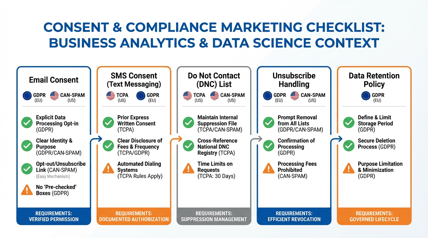 Consent and compliance checklist showing GDPR, CAN-SPAM, and TCPA requirements organized by channel with checkmarks and warning icons